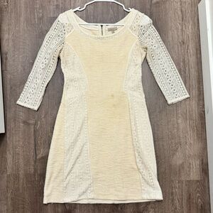 Cream Knit Dress with Lace Sleeves